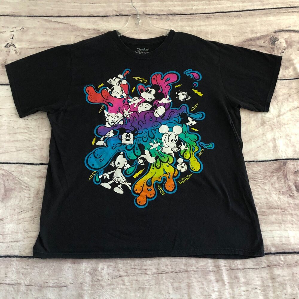 Disney Mickey Mouse Shirt Mens XXL Black Neon Rainbow Doodle Paint Splash Art